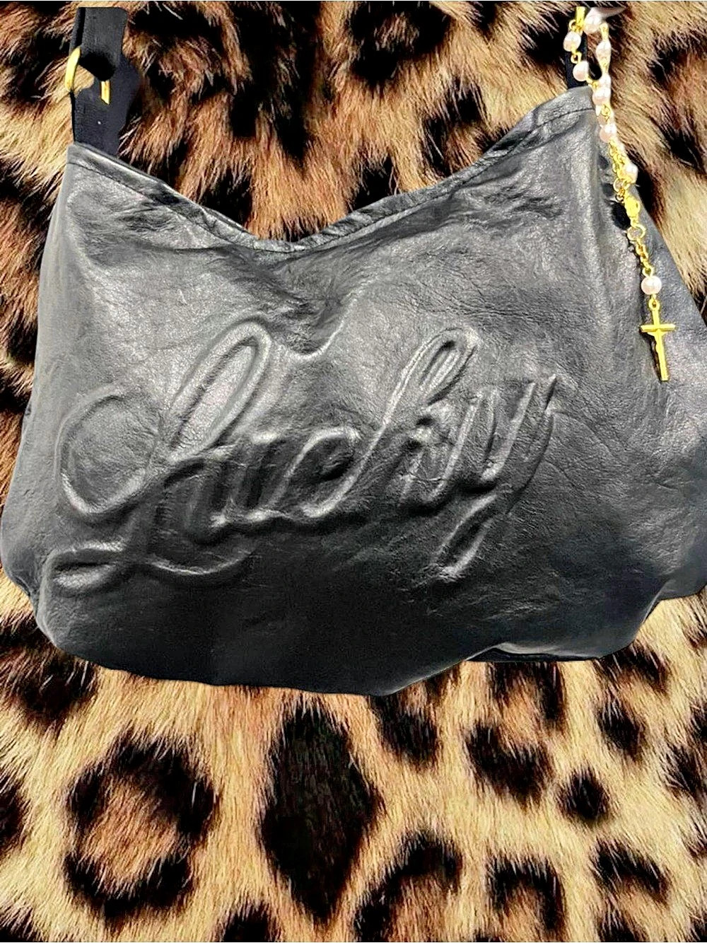 HANDMADE Lucky Black Embossed Shoulder Bag